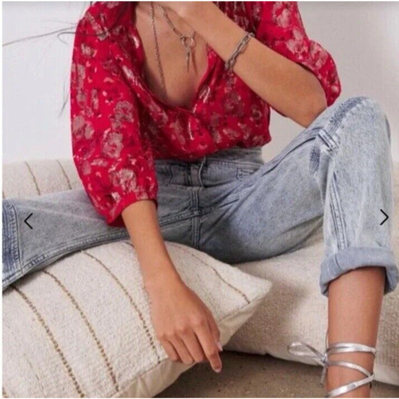 ba&sh Tanama Blouse Red Floral Gold Metallic Accents Women Size S/4 Fancy NWT - Picture 3 of 14